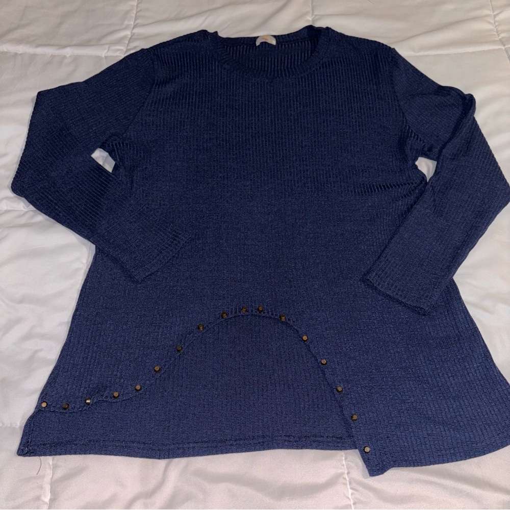 Paige Studded Asymmetric Hem Long Sleeve Tunic in Navy Blue Size Medium